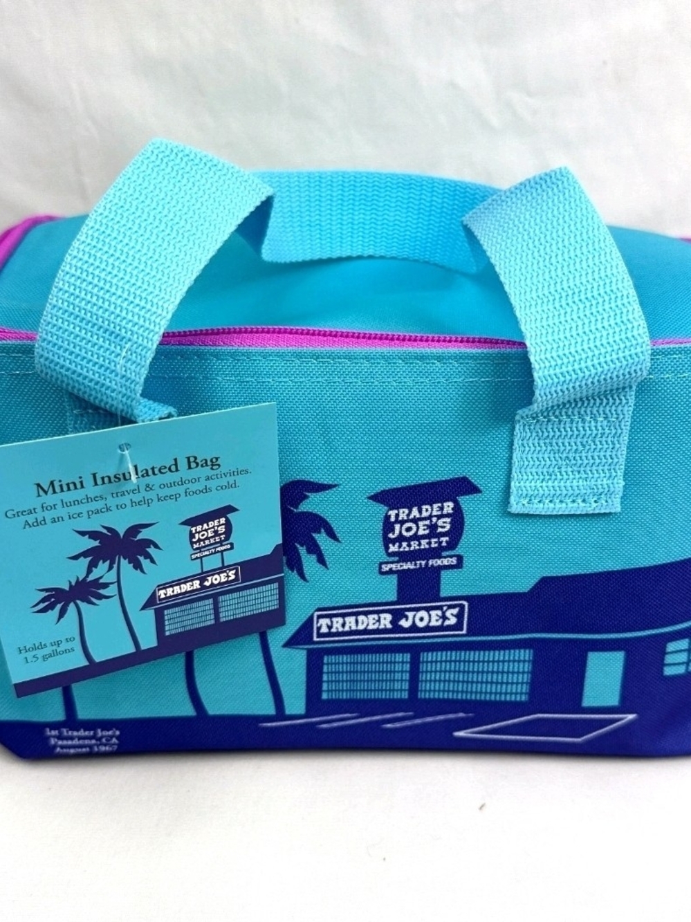 Trader Joe's Mini Insulated Lunch Bag - Turquoise with Pink Zipper